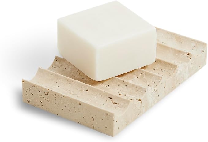 Elegant Natural Marble Soap Dish – Zen Stone Soap Tray – Rectangle Non-Slip Soap Holder for Bathroom and Kitchen - Jewelry Display Dish (Beige Travertine)