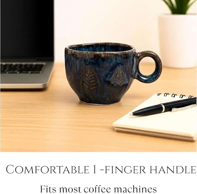 Ceramic Espresso Cup 5 oz, Stoneware Demitasse Coffee Mug with Handle, Artisan Reactive Glaze Texture, Small Latte Cappuccino Tea Cup, Microwave & Dishwasher Safe, Midnight Blue, Pack of 6