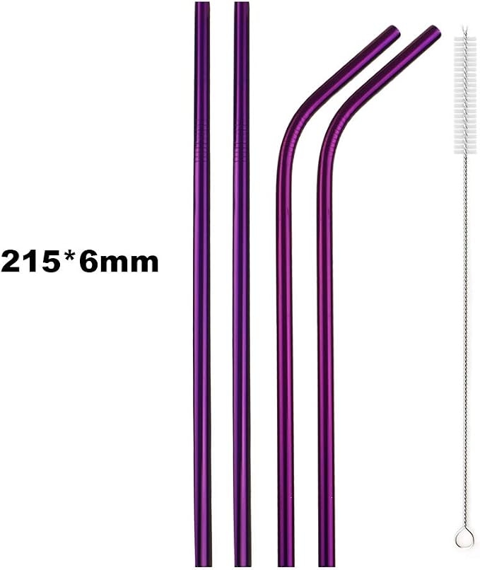 JASHII 2 Set Reusable Portable Metal Straws Stainless Steel Eco-friendly Drinking Straw with Travel Cloth Bag (4 Bent 4 Straight 2 Brush),Purple