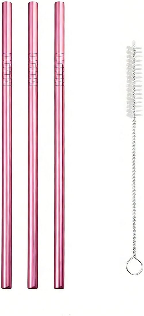 Reusable Metal Straws,10.5" Stainless Steel Straws,Easy to Use(3 PCS,Rose pink)