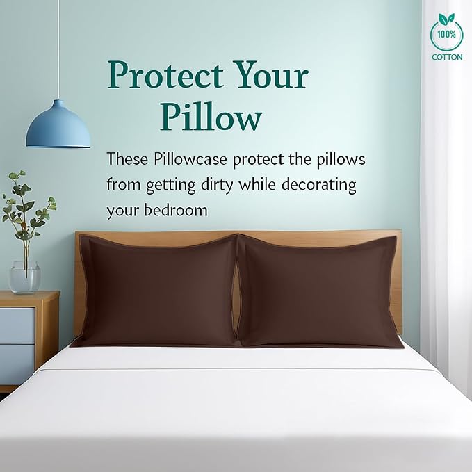 2 Pack Pillow Shams King Size 20x36 – 600 Thread Count 100% Organic Cotton Brown Pillow Covers with 2 Inch Decorative Flange, Premium Hotel-Quality Pillowcases Set of 2