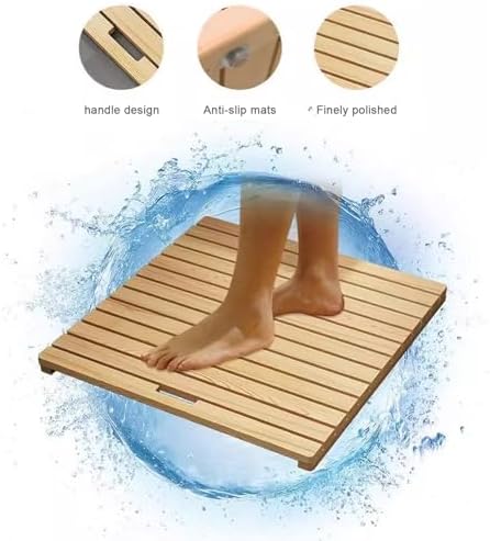 Teak Shower Mat Foldable Luxury Wooden Non-Slip Wood Bath Mat for Bathroom Bathtub Indoor Outdoor,Wooden Bath Mat, Bamboo Shower Mat with Handle, Non-Slip Door Mat, Kitchen Rugs, Spa Bathtub