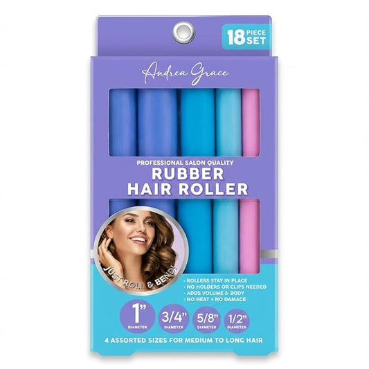 Andrea Grace Flexi Rods Foam Hair Rollers -1/2" 5/8" 3/4" 1" Diameter- Professional Salon Quality 18 Pcs Rubber Hair Rollers for Long, Medium, and Short Hair, Hair Curlers to Sleep in for Women