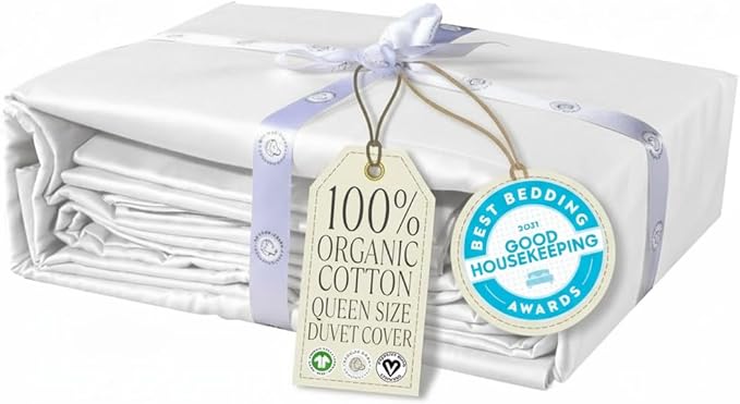 Delilah Home 100% Organic Cotton Duvet Cover, GOTS & Vegan.org Verified, Long Stem 300 TC Sateen Bedding, Non-Synthetic, Deep Pocket Fitted Linen, Lightweight, All-Season, 1 Piece Queen Size - White