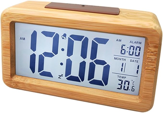 Wooden Digital Alarm Clock LED Desktop Clock with Light Sensor Natural Wood Color Non-Battery Powered for Home Bedroom Office Use