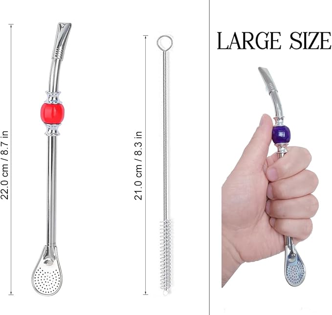 Premium Yerba Mate Straws - Reusable Stainless Steel Bombilla Straw with Colorful Beads - Set with Removable Head Filter (Red)
