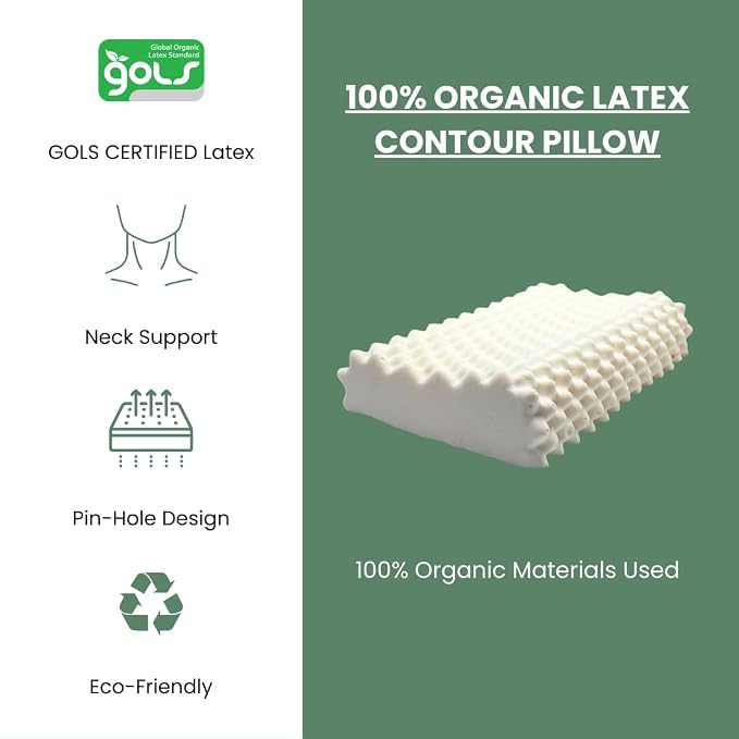 ORGANIC TEXTILES Organic Latex Contour Pillow with Organic Cotton Cover - GOTS & GOLS Certified, Ergonomic Contour Design, Bed Pillow, Spine Support - (Knobby) - Pack of 1