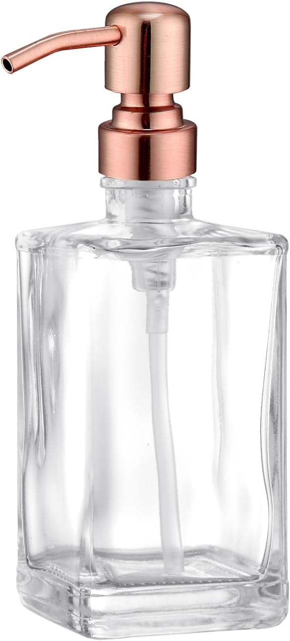 13.5 Oz Clear Glass Soap Dispenser with Rust Proof Stainless Steel Pump, Antique Design Refillable Square Lotion Dispenser for Bathroom, Premium Kitchen Hand Soap (Red Copper)
