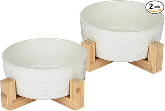 Small Dog Bowls with Stand, 5.5 inch Ceramic Dog Food Water Bowl Set for Small Dogs Puppy Cats Pet Feeding Dish, White with Cute Pattern