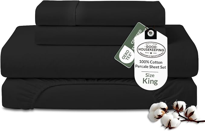 ROYALE LINENS 100% Organic Cotton King Sheet Set - Percale Weave - 4 Pieces Set - 1 Flat, 1 Deep Pocket Fitted Sheet and 2 Pillowcases - Black Bed Sheets - Sábanas King - Crisp Cool (Black)