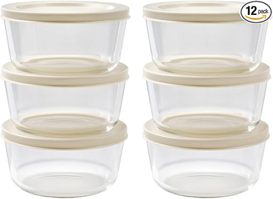 12-Piece Glass Food Storage Containers Set (6 Containers + 6 BPA-Free Lids) | 2-Cup, Leakproof | Microwave, Freezer, Oven & Dishwasher Safe | Ideal for Meal Prep & Pantry Organization, Beige