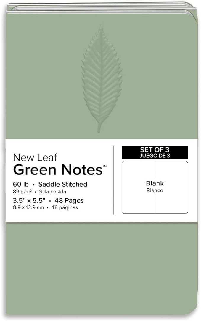 New Leaf Green Notes 100% Recycled Memo Books, 3-Pack Blank Pages, 3.5" x 5.5", Chestnut Embossed Cover, Saddle Stitch, FSC Certified, Made in USA