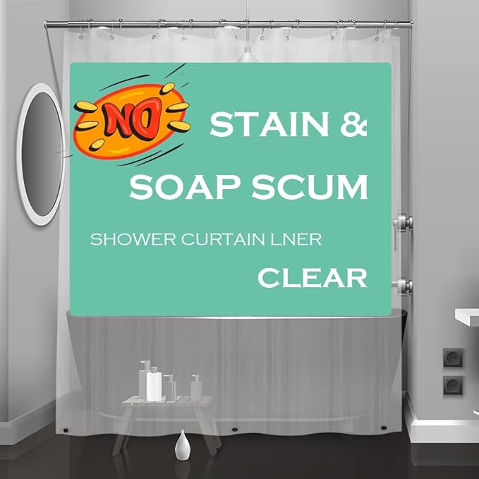Clear Plastic Shower Curtain Liner, 72x72 Inch Thin Lightweight Transparent Plastic Bathroom Shower Showroom Inner Curtain with Rustproof Metal Grommet Holes and Weighted Magnets