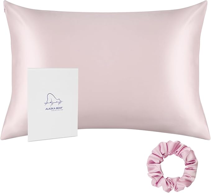 ALASKA BEAR 200% Good for You Silk Pillowcase for Hair and Skin Care Soft Pillow Case with Random Color Scrunchie Gift Set Standard (1pc, Pale Pink)