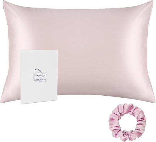 ALASKA BEAR 200% Good for You Silk Pillowcase for Hair and Skin Care Soft Pillow Case with Random Color Scrunchie Gift Set Standard (1pc, Pale Pink)