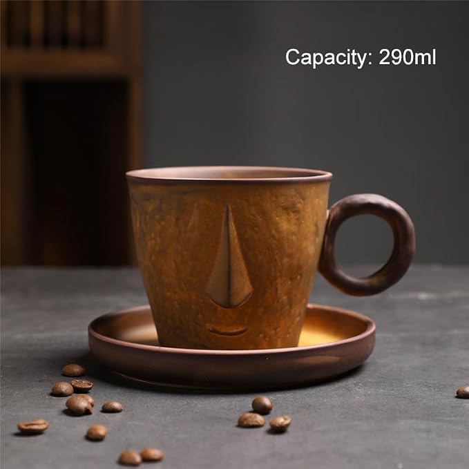 Rustic Kiln Glaze Textured Ceramic Coffee Mug with Saucer, Vintage Wabi Sabi Latte Tea Cup Multiple Styles, set of 1 (MIXED04)