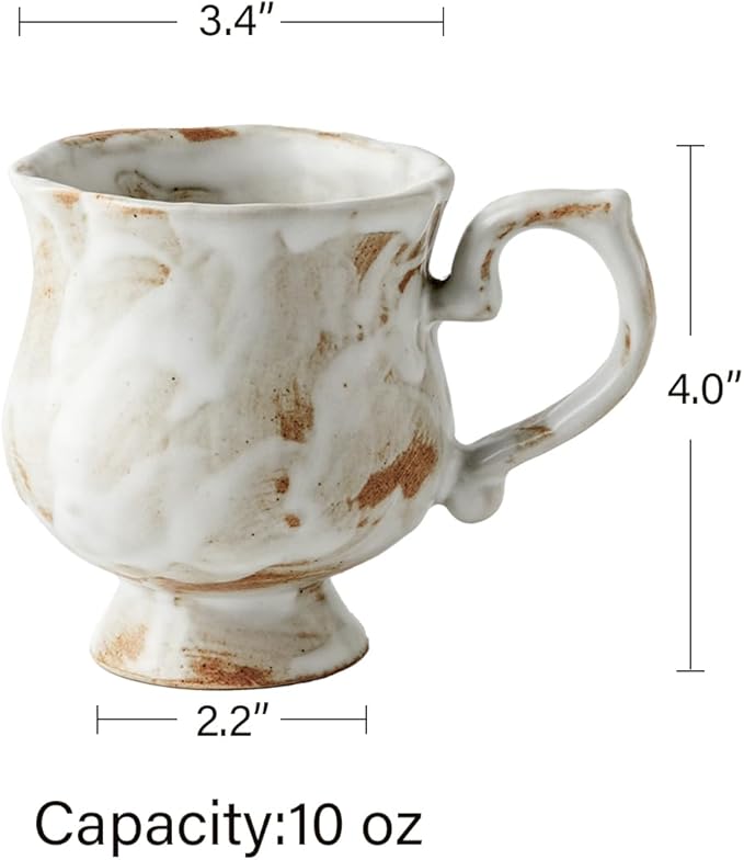 10 oz Footed Ceramic Mug, White & Brown Rustic Handmade Glazed Coffee Cup with Handle, Vintage Tea Cup for Home Office, Dishwasher & Microwave Safe