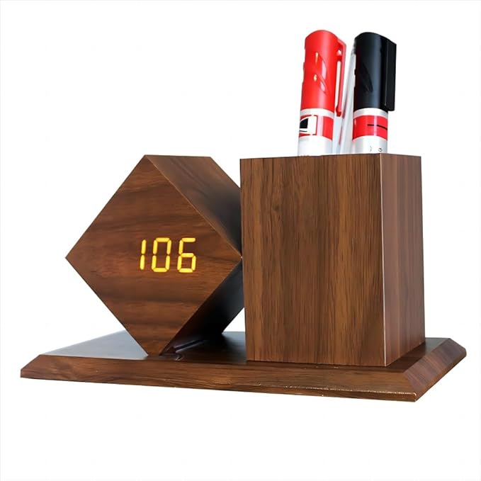 Multifunctional Digital Alarm Clock, LED Time Date Temperature Display 3 Level Brightness Adjustment Sound Activated with Pencil Pen Holder Desk Organizers