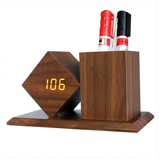 Multifunctional Digital Alarm Clock, LED Time Date Temperature Display 3 Level Brightness Adjustment Sound Activated with Pencil Pen Holder Desk Organizers