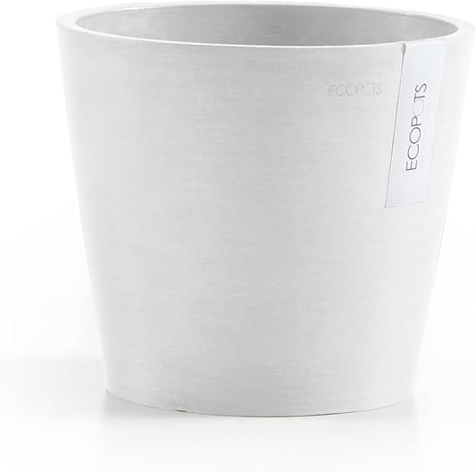 Ecopots Amsterdam Durable Modern Round Indoor/Outdoor Recycled-Based Composite Flower Pot Planter w/Water Reservoir, Pure White, 12"