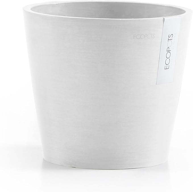 Ecopots Amsterdam Durable Modern Round Indoor/Outdoor Recycled-Based Composite Flower Pot Planter w/Water Reservoir, Pure White, 8"