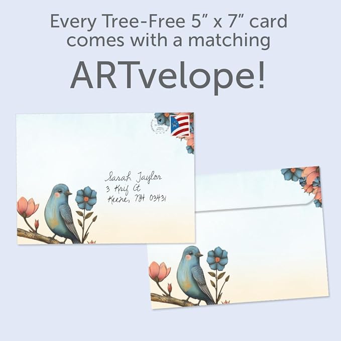 Tree-Free Greetings - All Occasion Card - Artful Designs - 1 Greeting Card + Matching Envelope - Made in USA - 100% Recycled Paper - 5 x 7 - Flowery Bluebird (GO69950)