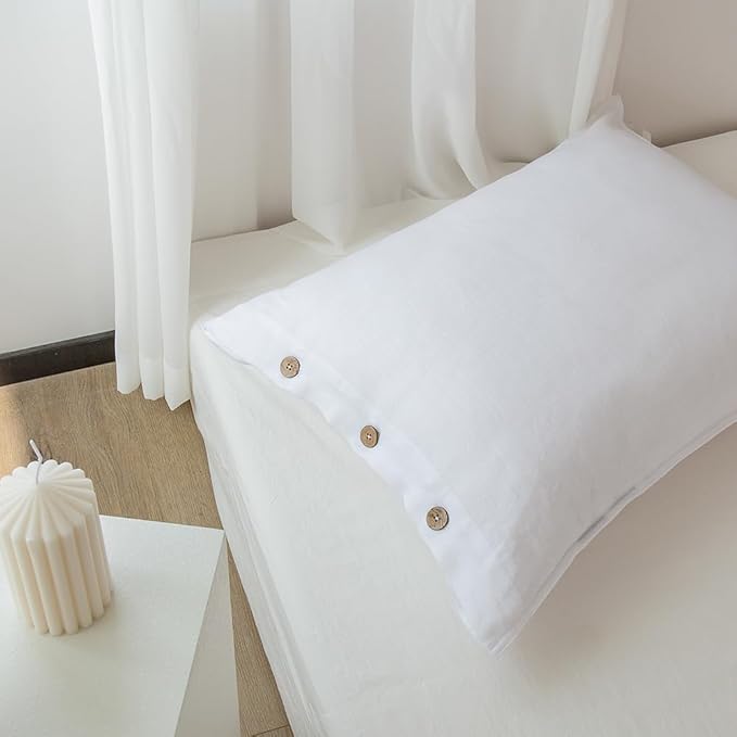 EVERLY 100% Linen Pillowcases Set of 2, French Linen from Normandy, 20X36Inch Standard Size, Natural Color, Coconut Buttons Closure, Flax Pillowshams-Pillowcase-White
