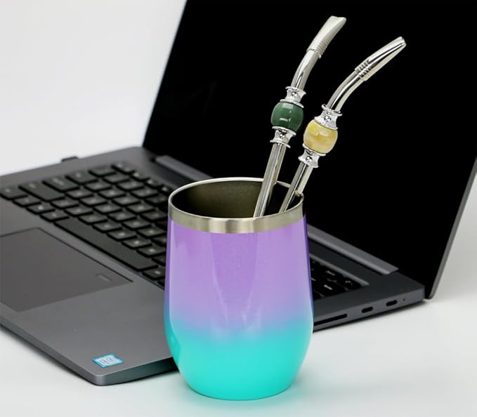 Yerba Mate Straws - Reusable Stainless Steel Bombilla Straw with Colorful Beads - Removable Head Filter (Light Brown - Ash Green)