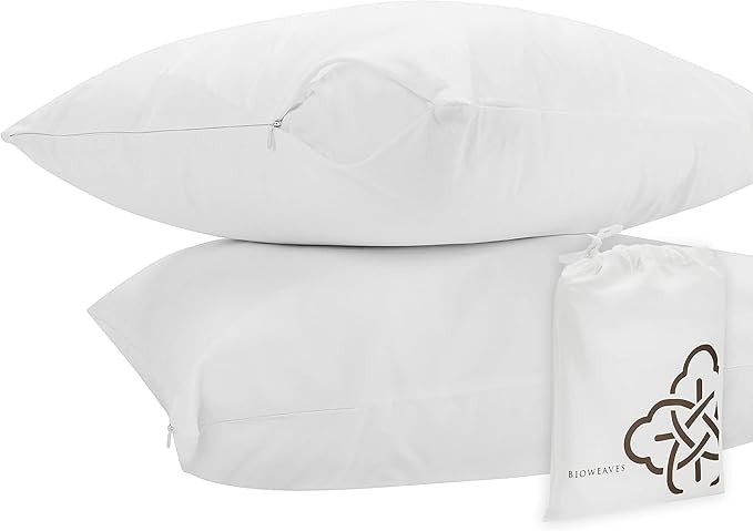 Bioweaves 100% Organic Cotton Breathable Pillow Protectors GOTS Certified with Zipped Closure – Standard, 20” x 26”, 4-Pack