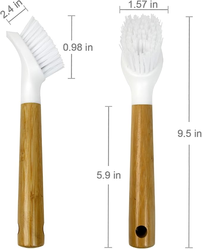 CELOX 2 Pack Bamboo Dish Brush with Handle Kitchen Scrub Brush, Dish Scrubber - Perfect for Dish Washing, Vegetable, Grill Cleaning