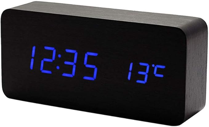 Wooden Digital Clock - Multi-Function LED Alarm Clock with Time/Date/Temperature Display and Voice Control for Home Office Travel - AC11Black_Blue