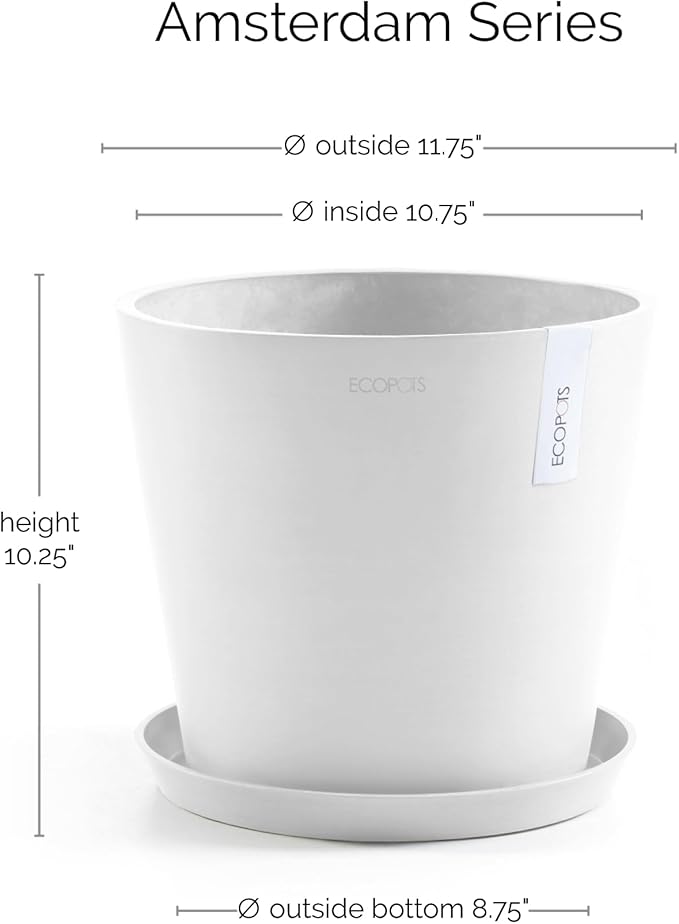 Ecopots Amsterdam Durable Modern Round Indoor/Outdoor Recycled-Based Composite Flower Pot Planter w/Water Reservoir, Pure White, 12"