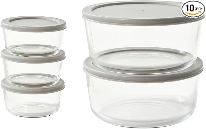 10-Piece Glass Food Storage Containers Set (5 Containers + 5 BPA-Free Lids) | 2-Cup & 6.5-Cup, Leakproof | Microwave, Freezer, Oven & Dishwasher Safe | Ideal for Meal Prep & Pantry Organization, Grey