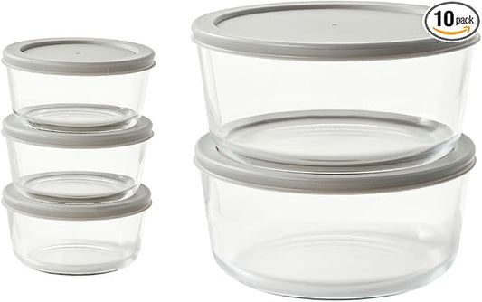 10-Piece Glass Food Storage Containers Set (5 Containers + 5 BPA-Free Lids) | 2-Cup & 6.5-Cup, Leakproof | Microwave, Freezer, Oven & Dishwasher Safe | Ideal for Meal Prep & Pantry Organization, Grey
