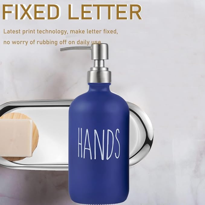 Navy Blue Soap Dispenser Set, Glass Soap Dispenser with Stainless Steel Pump, Farmhouse Hand Soap Dispenser & Dish Soap Dispenser for Bathroom Kitchen Sink (Blue h)