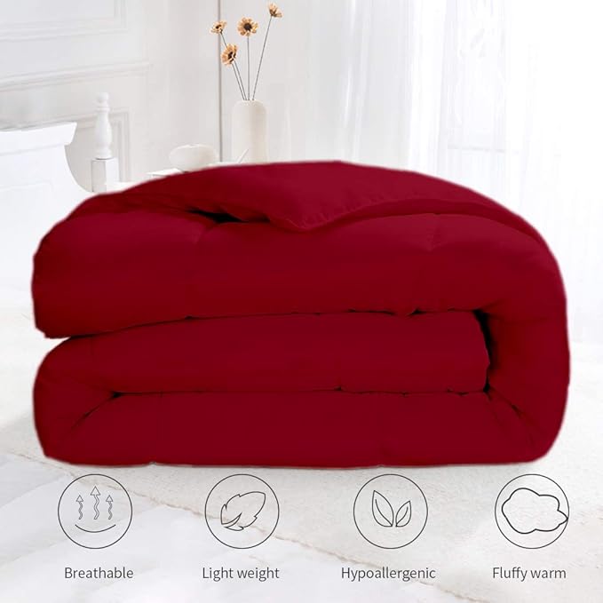 All Season Hypoallergenic Luxurious Down Alternative Cotton Comforter, Ultra-Soft 750 Fill-Power Super King Plus Size Measures 120" x 120", Burgundy