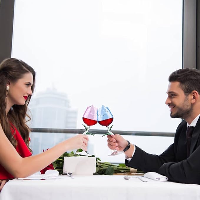 Rose Wine Glass Set of 2 Stemmed Drinking Wine Goblet (260ml, Blue & Pink) | Cocktail Champagne Flutes Classy Red Wine Party Dinner Wedding Festival Kitchen Bar Celebration Birthday Gift Housewarming