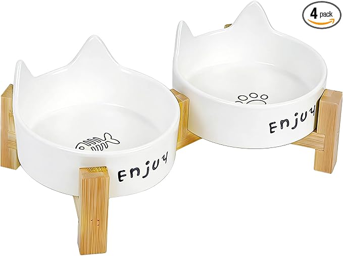 Ceramic Dog and Cat Bowl Set with Wooden Stand Slip Matte Glaze Heavy Weighted Food & Water Dish-White Cat Ear-6.76 OZ
