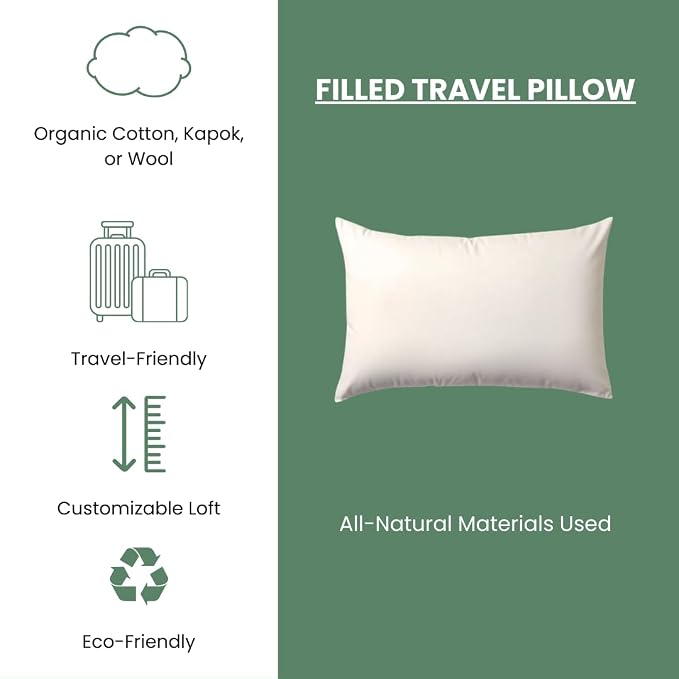 ORGANIC TEXTILES Natural Kapok Pillow with Organic Cotton Removable Cover, (Travel Size), GOTS Certified, Adjustable Loft, Cooling and Breathable, Easy Care, Neck Support