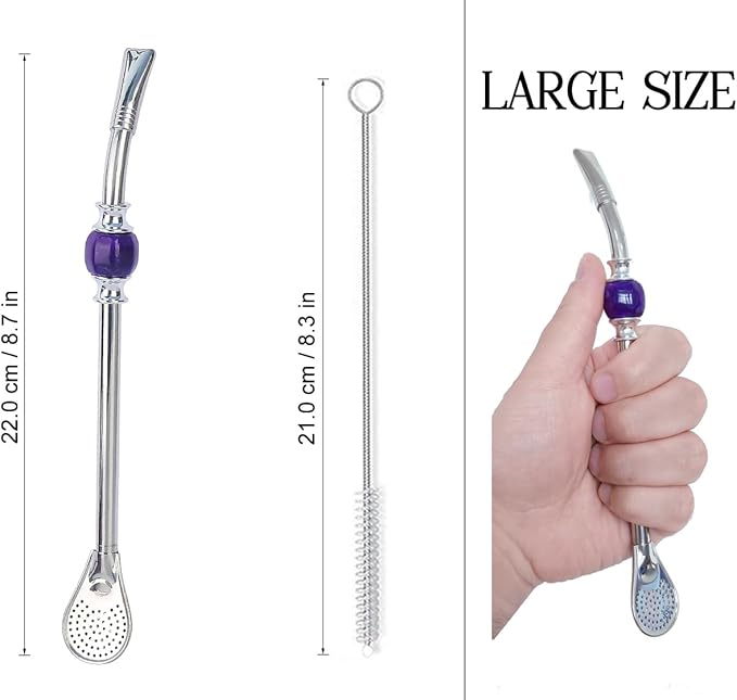 Premium Yerba Mate Straws - Reusable Stainless Steel Bombilla Straw with Colorful Beads - Removable Head Filter (Purple)