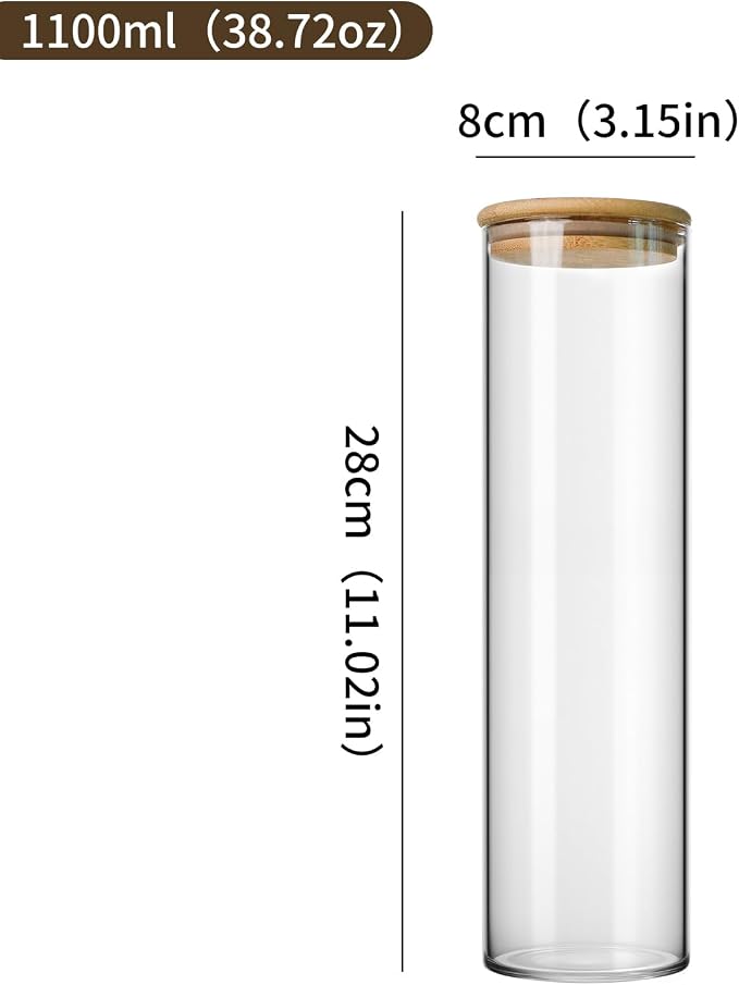 1100ml/37.2Oz Set of 8 Glass Jars - Airtight Food Storage Containers with Bamboo Lids - Spaghetti Storage Jar - Clear Kitchen Canisters for Tea,Sugar,Cereal,Flour,Sweet,Pasta