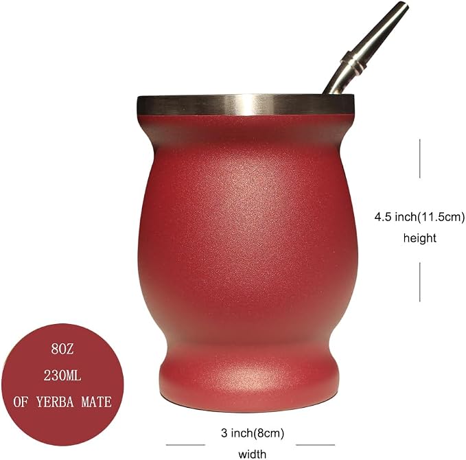 Beruth Bombilla Yerba Mate Gourd, 8oz Stainless Steel Tea Cup Set with a Multifunctional Lid, Two Straws and Cleaning Brushes, Double Walled Coffee Mug Heat Insulation Anti Scalding BR2303 (Red)