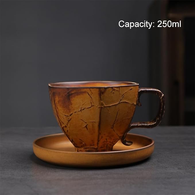 Rustic Kiln Glaze Textured Ceramic Coffee Mug with Saucer, Vintage Wabi Sabi Latte Tea Cup Multiple Styles, set of 1 (MIXED012)