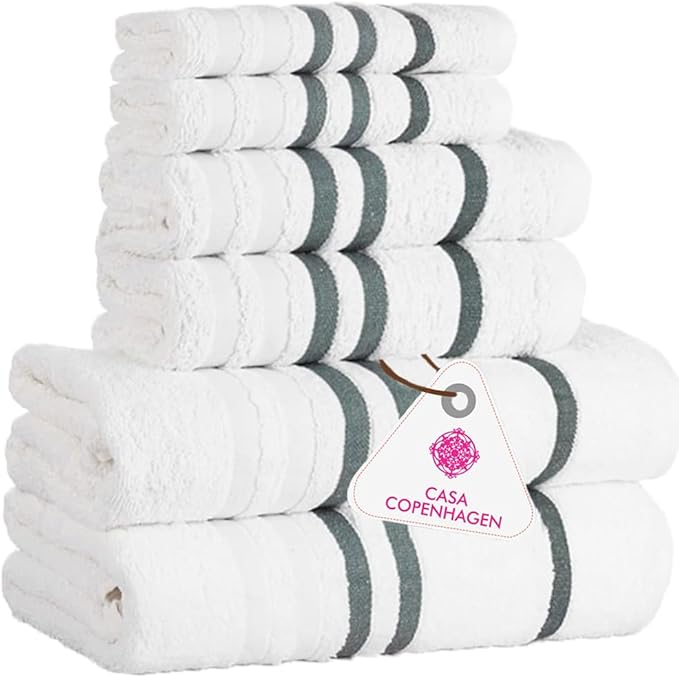 CASA COPENHAGEN Exotic 6 Pieces Towel Set- Snow White, 525 GSM 2 Bath Towel 2 Hand Towel 2 Washcloth, Designed in Denmark Made of Soft Egyptian Cotton for Bathroom, Kitchen & Shower