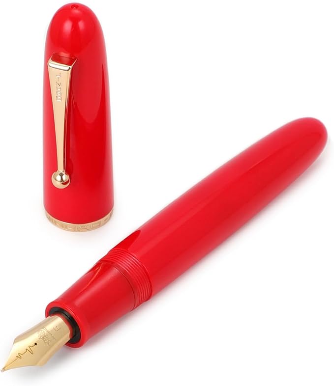 Jinhao 9019 DaDao Series Fountain Pen, Size 8 Medium Heartbeat Nib with Large Ink Converter, Bright Red Acrylic Design Smooth Writing Pen (Gold Trim)