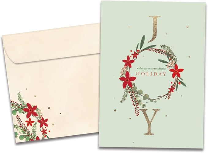 Tree-Free Greetings - Season's Greeting Card - Artful Designs - 1 Card + Matching Envelopes - Made in USA - 100% Recycled Paper - 5 x 7 - Joy Wreath (VO80673)