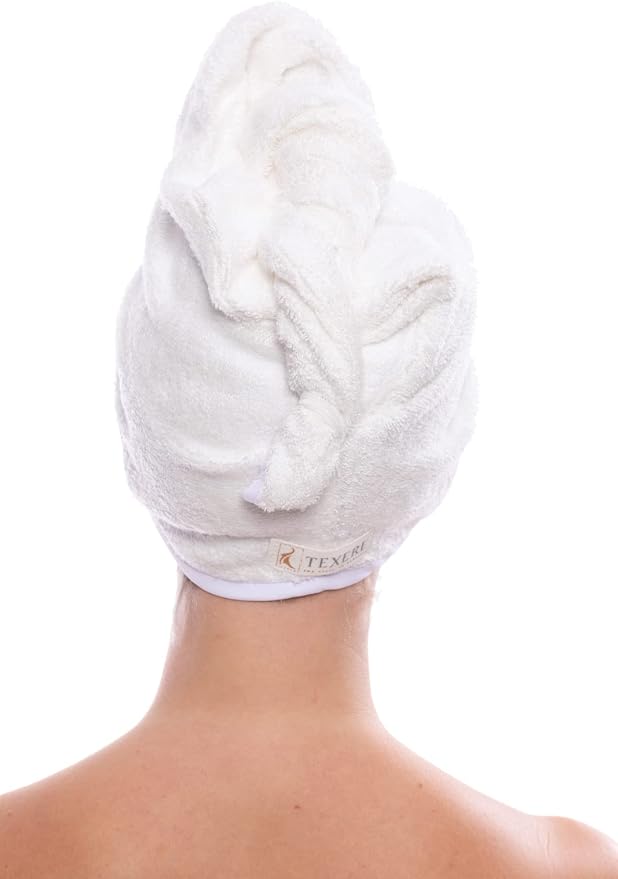 TexereSilk Women's Rayon and Cotton Terry Hair Towel - Quick Dry, Absorbent and Lightweight Hair Wrap Towel with Loop and Twist Closure (Tya, Natural White, U)