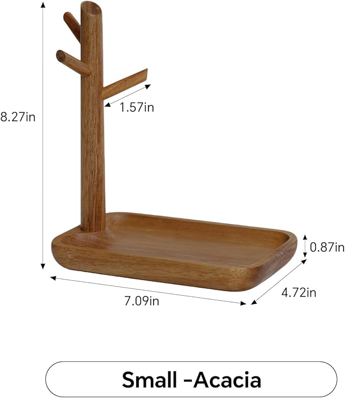 Solid Acacia Wood Key Tray and Bowl for Entryway Table - Jewelry Tray With 3 Hooks, Open Storage for Wallet, Glasses, Watches, Lipstick (Acacia, small)