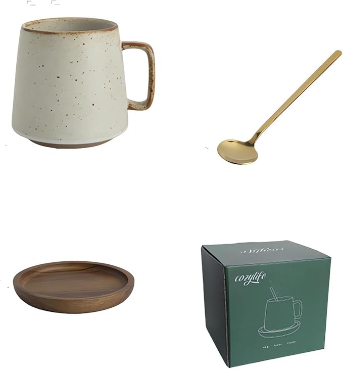 Ceramic Coffee and Tea Cup with Natural Acacia Wood Saucer (8 Oz), Best for Latte, Cappuccino, Tea or Espresso. Unglazed Porcelain Arty Mug (Warm white)