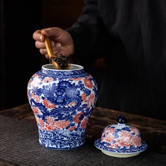 Porcelain Airtight Canister 45 Oz/1350ml, Blue White with Red Glazed Ceramic Large Food Storage Jar, Home Décor,Room Office Decoration -Dragon